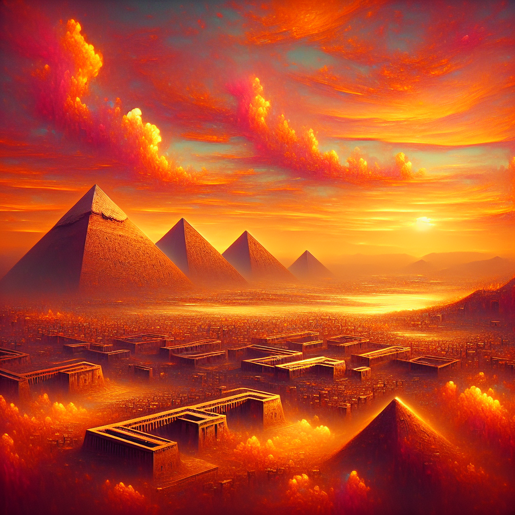 An ancient Egyptian landscape with pyramids and the sun setting in the background.