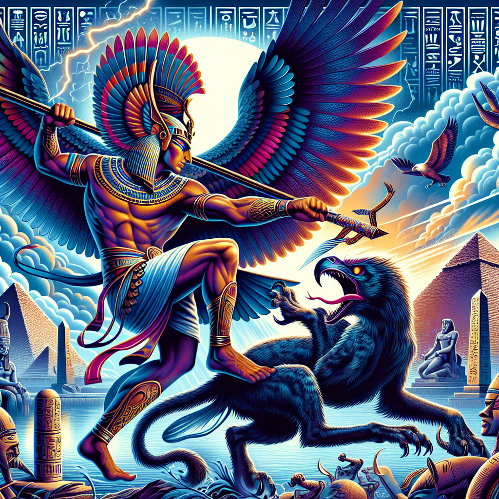 An illustration of Horus battling a mythical creature in an ancient setting.